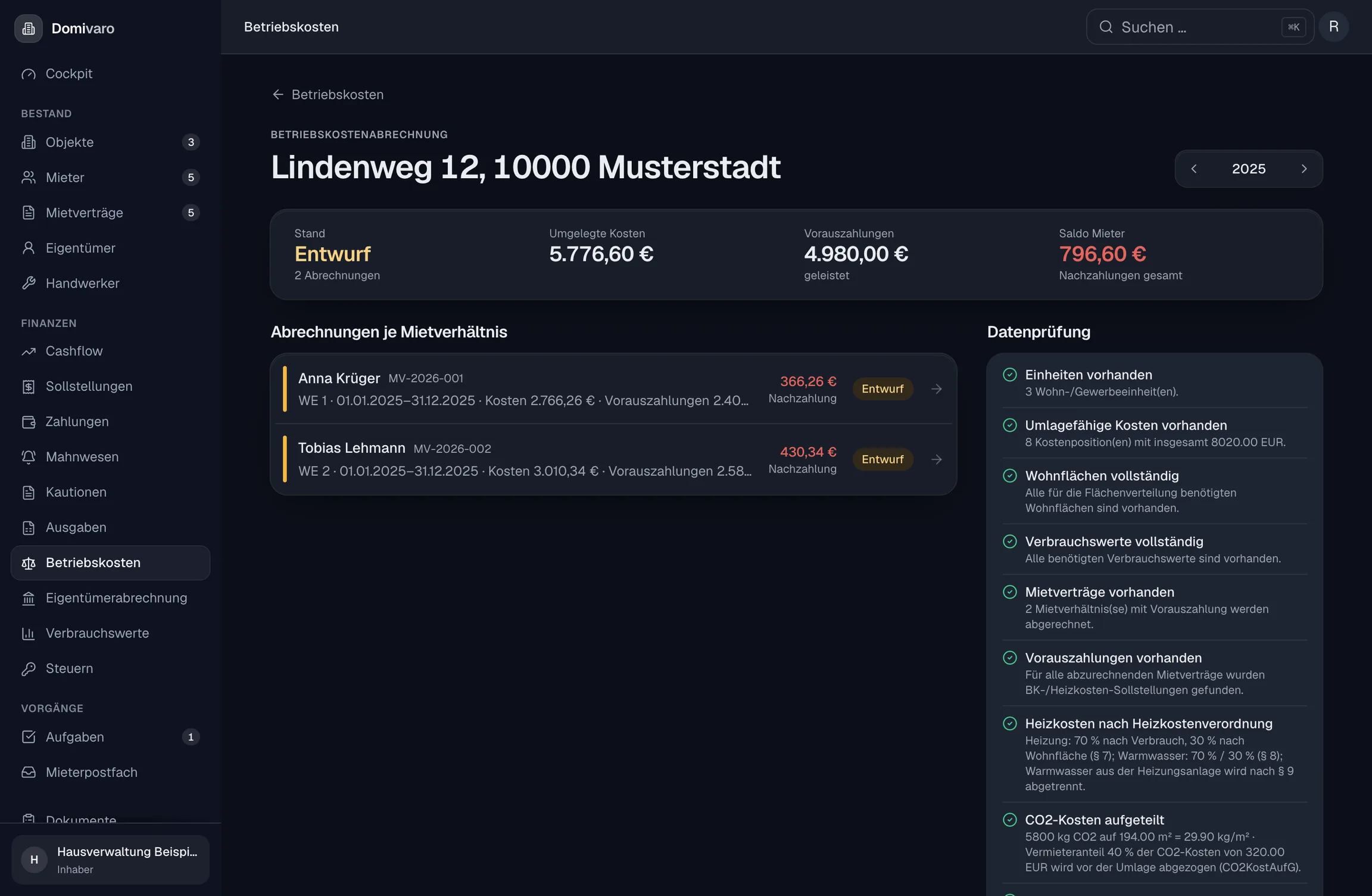 Betriebskostenabrechnung mit Datenprüfung, Heizkostenverordnung und CO2-Aufteilung
