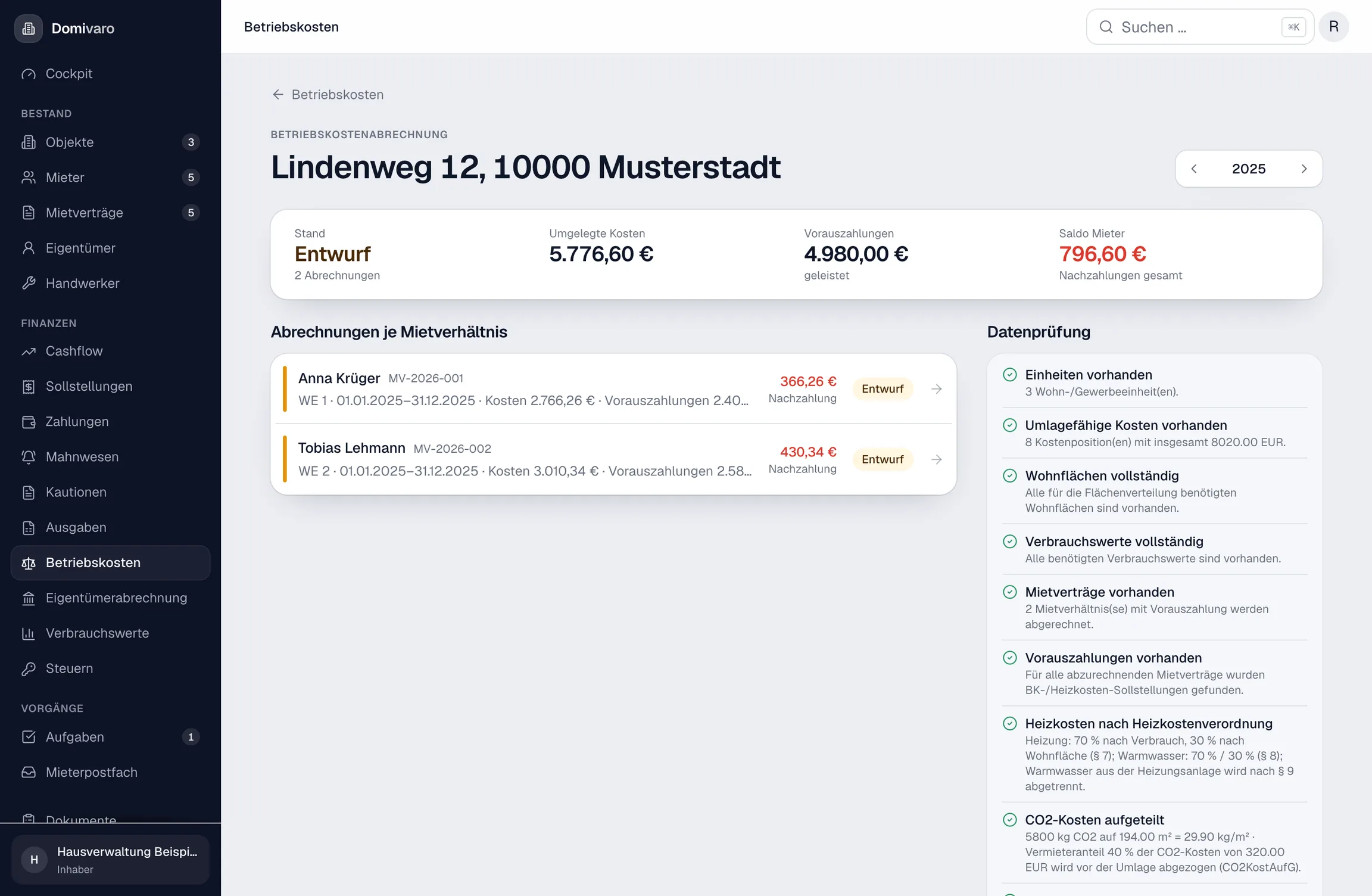 Betriebskostenabrechnung mit Datenprüfung, Heizkostenverordnung und CO2-Aufteilung