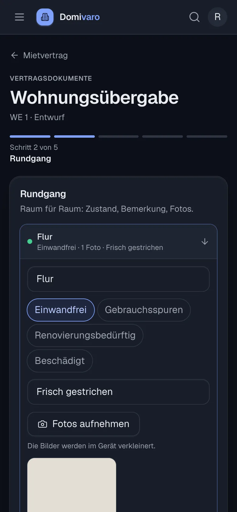 Übergabeprotokoll auf dem Telefon: Rundgang mit Zustand, Bemerkung und Foto je Raum