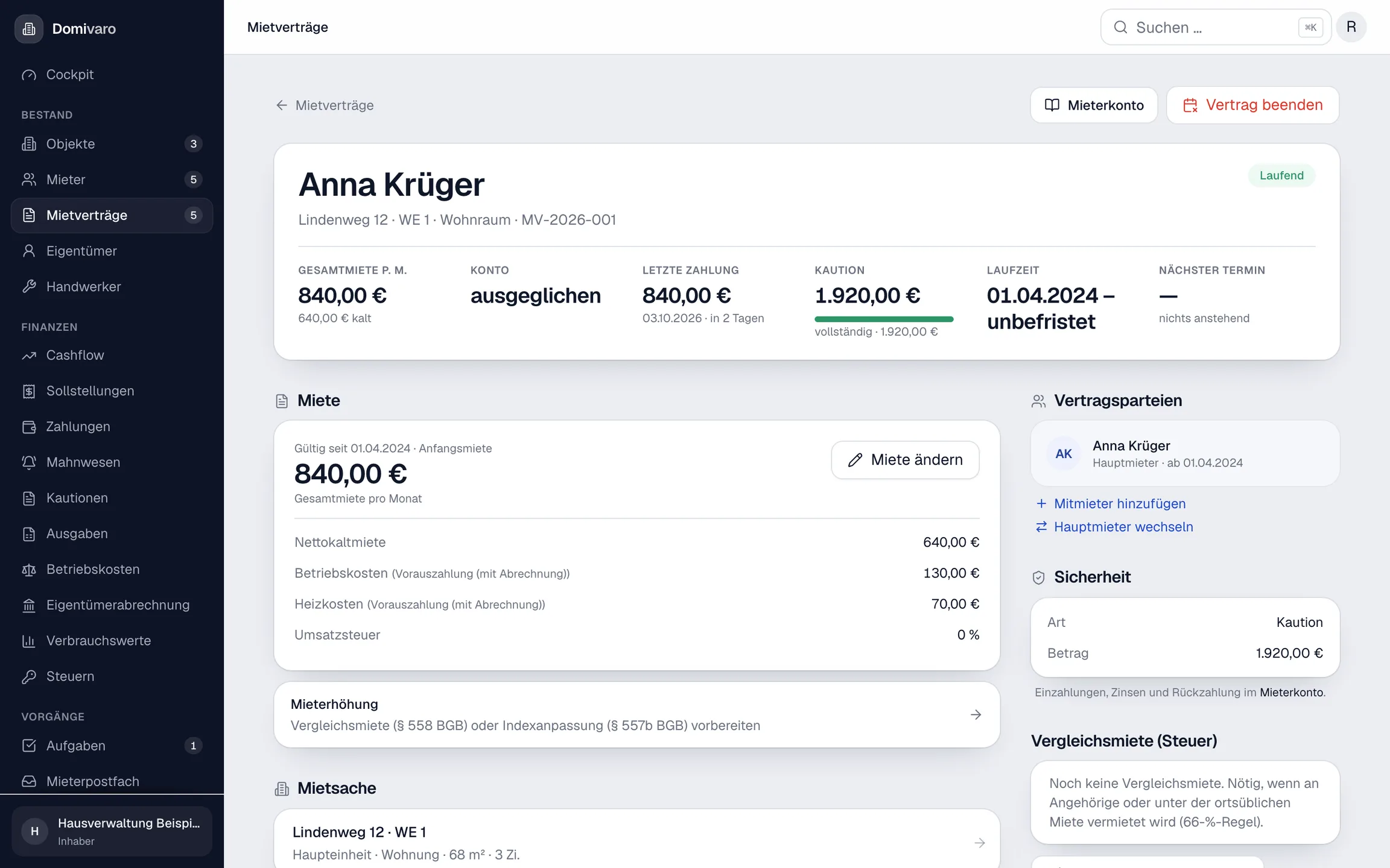 Vertragsseite mit Miete, Kontostand, Kaution, Laufzeit und nächstem Termin